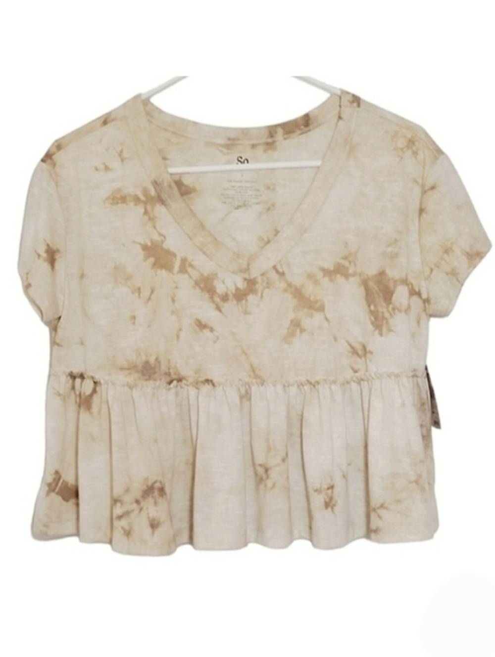 1116 * So Tie Dyed Peplum Ruffle Hem Short Sleeve Tee Tan Size S NWT